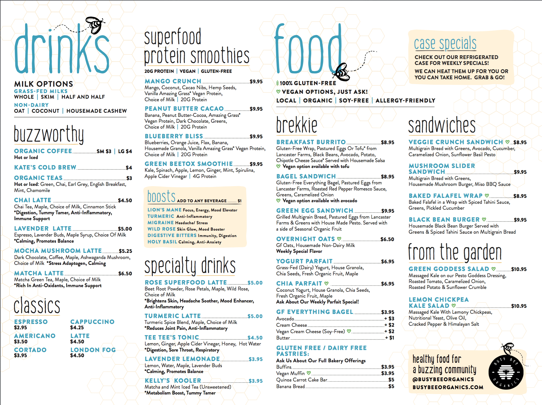 Cafe Menu Busy Bee Organics