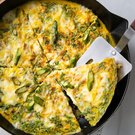 Asparagus, Caramelized Onion, Potato & Cheddar Frittata
